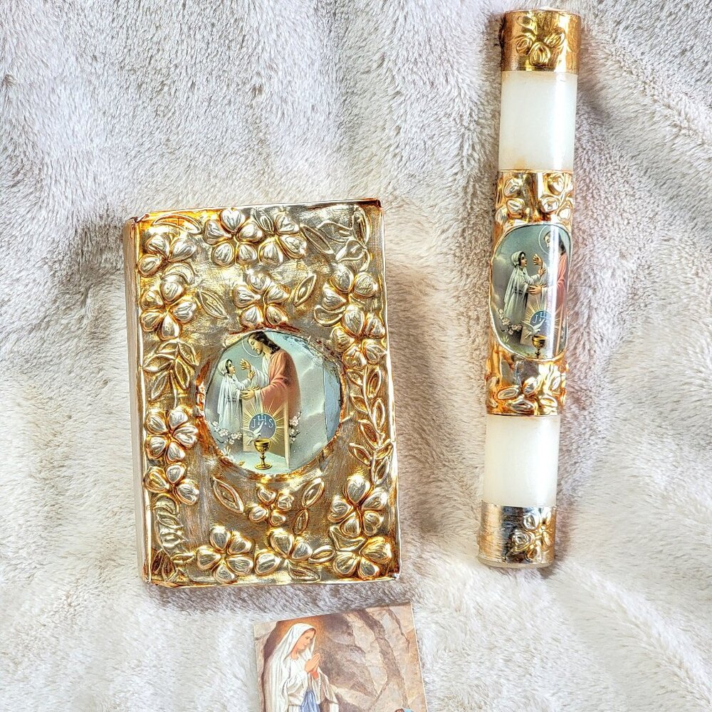 Vintage Gilded La Biblia Spanish Wedding Bible w/ Matching Prayer Candle 1995 Ed